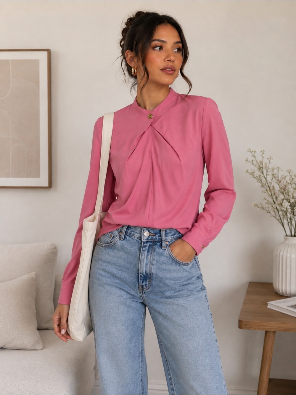 Womens Pink Pleated Front Long-Sleeve Top